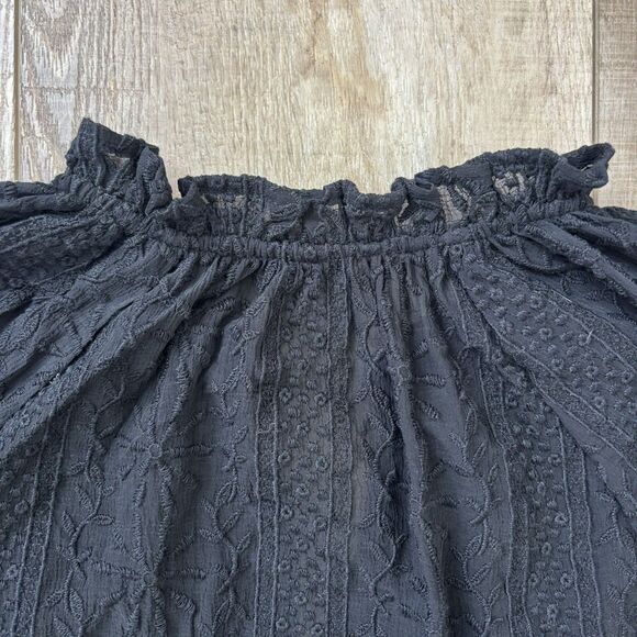 Old Navy Womens Black Floral Embroidery Blouse L Black Sheer Boho Flowy Cruise - Picture 7 of 13